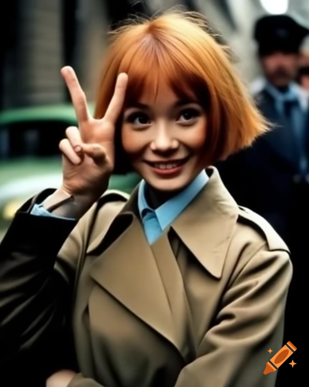 Award-winning vintage paparazzi photo of actress Asuka Langley making peace sign in street