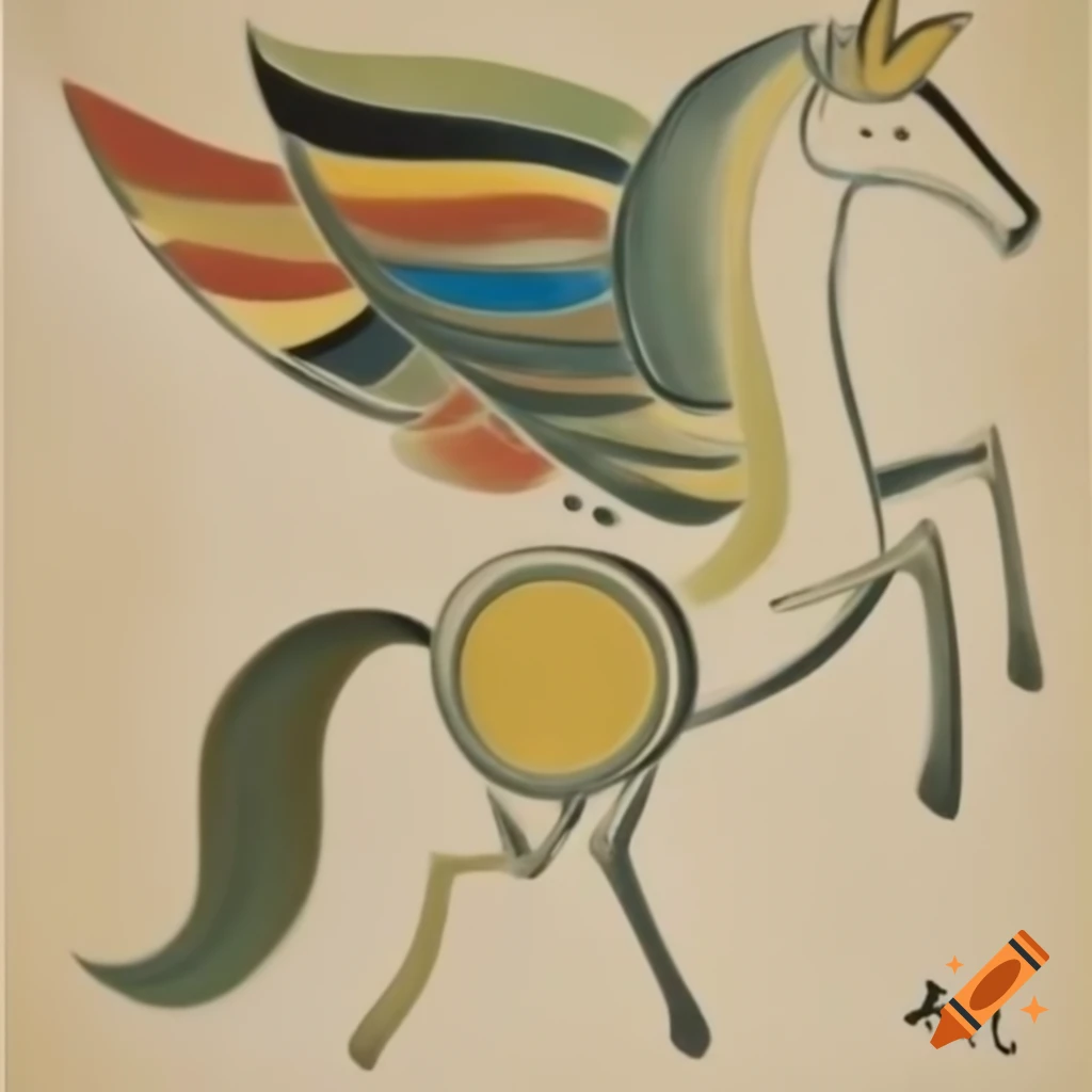 Pegasus depicted in Picasso style influenced by Chirico