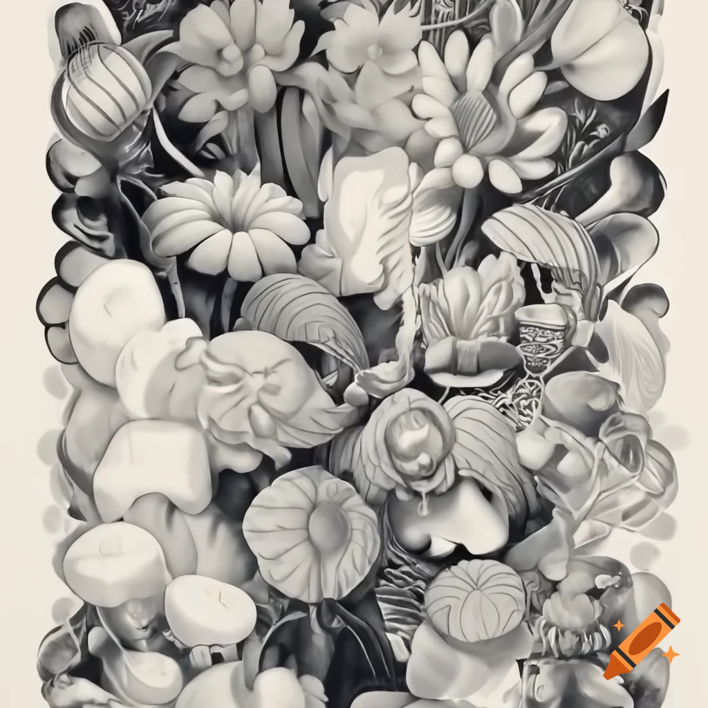 Surreal mezzotint drawing of flowers in steampunk baroque style