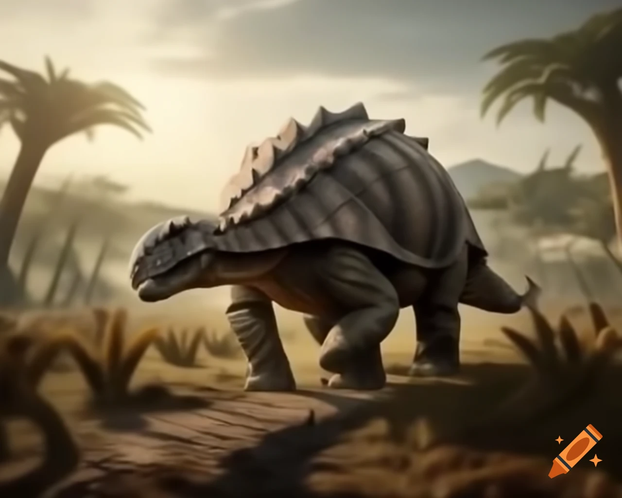 Cinnamon striped ankylosaurus walking in prehistoric fern prairie with Diplodocus