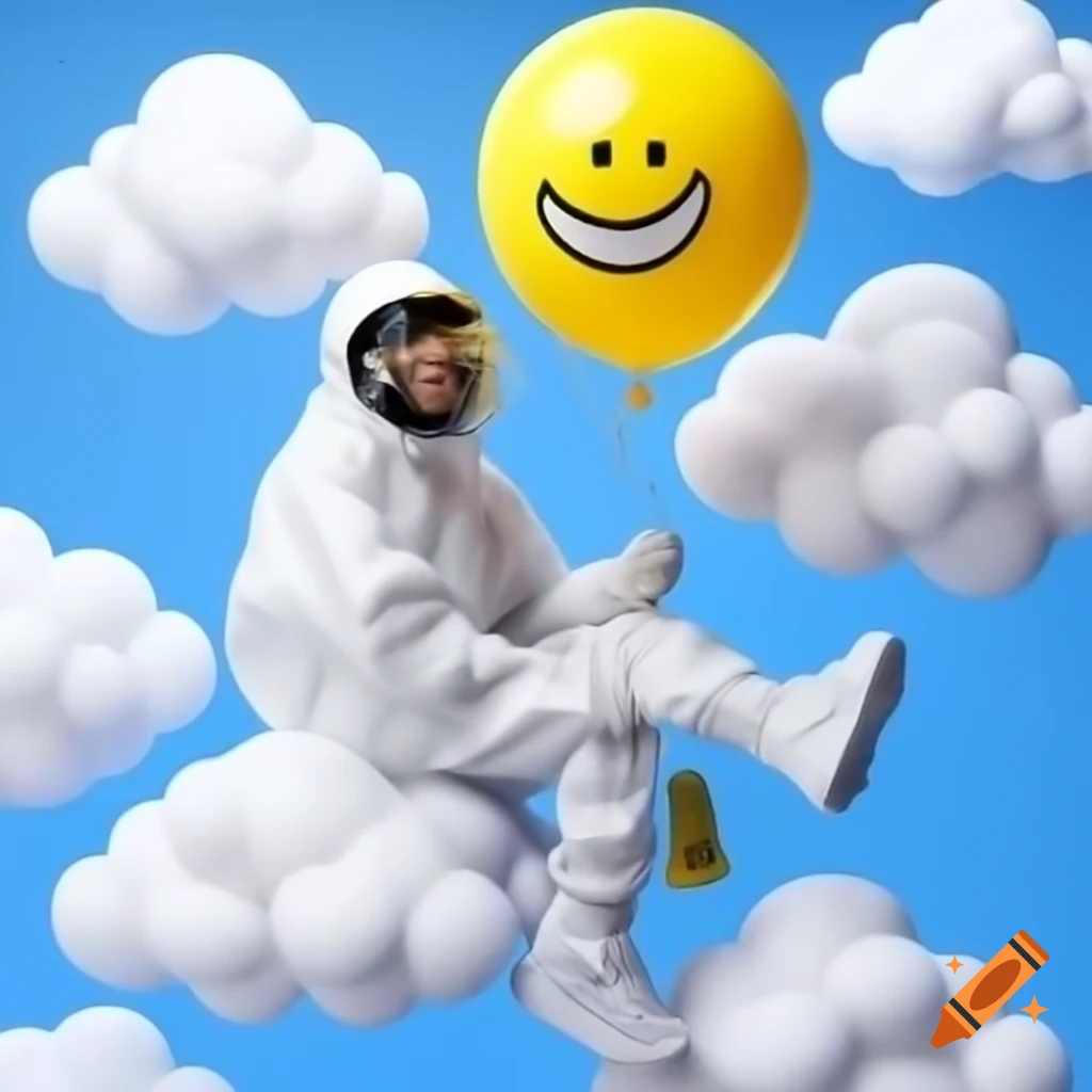 Rapper in hazmat suit sitting on clouds with yellow balloon