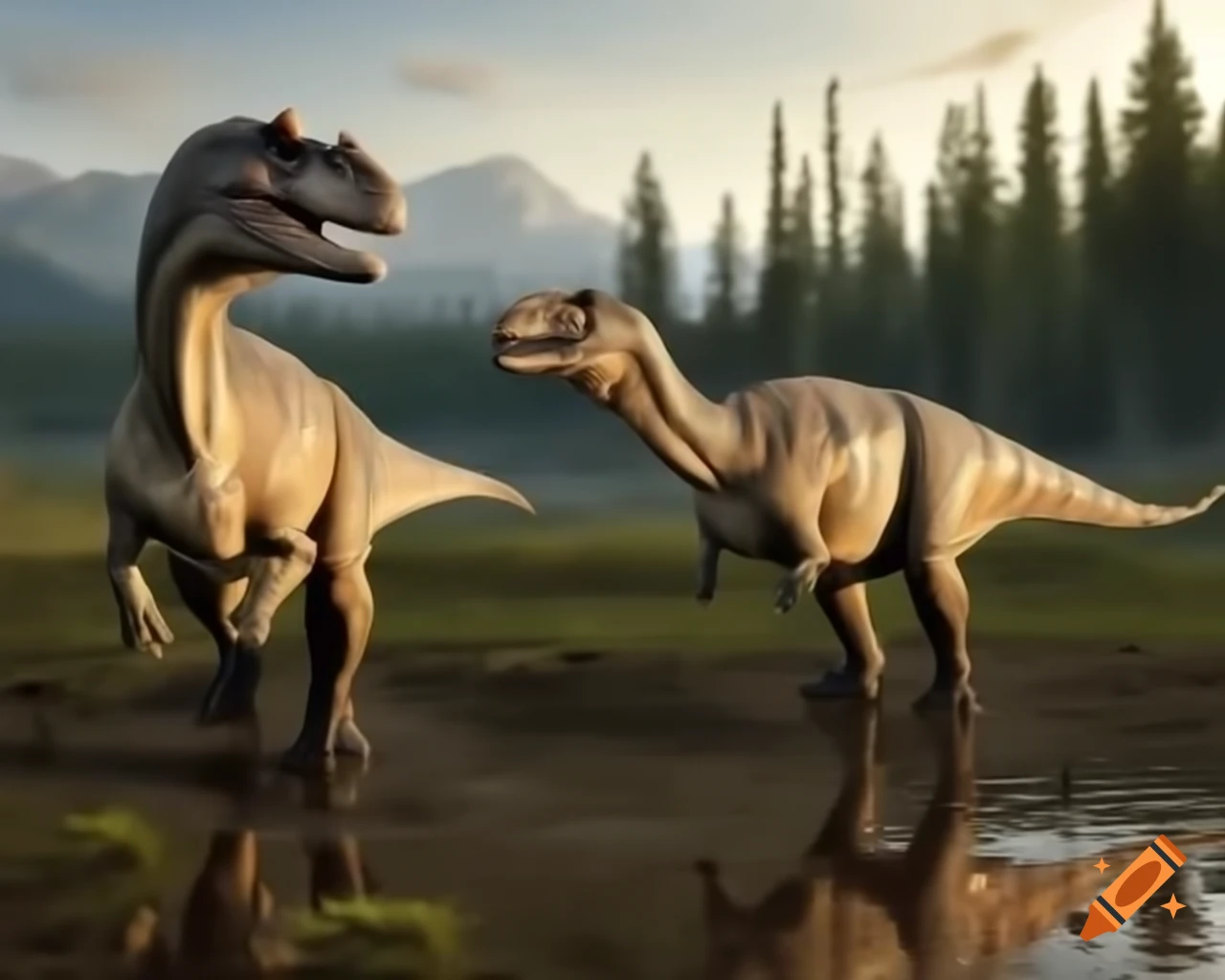 Trio of striped hadrosaurus walking along muddy lake bank in British Columbia