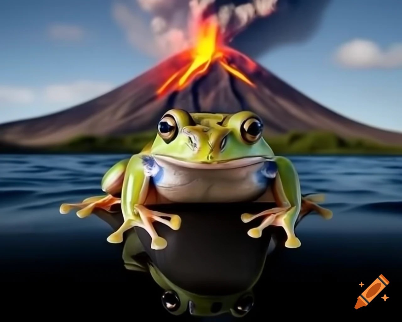 Frog on boat with erupting volcano in background, hyper-realistic close-up