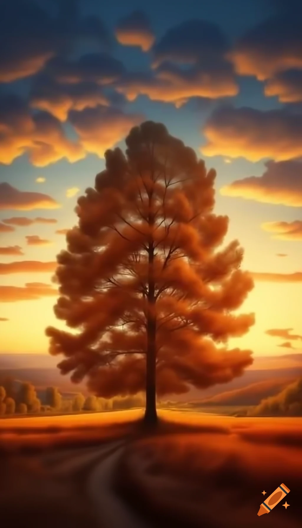 Tall tree in fall colors during sunset