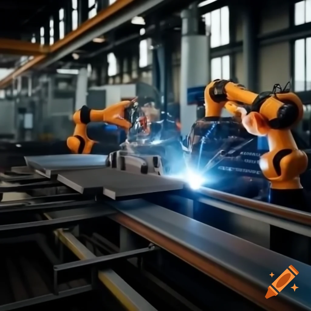Robotic welding machines in industrial setting with workers