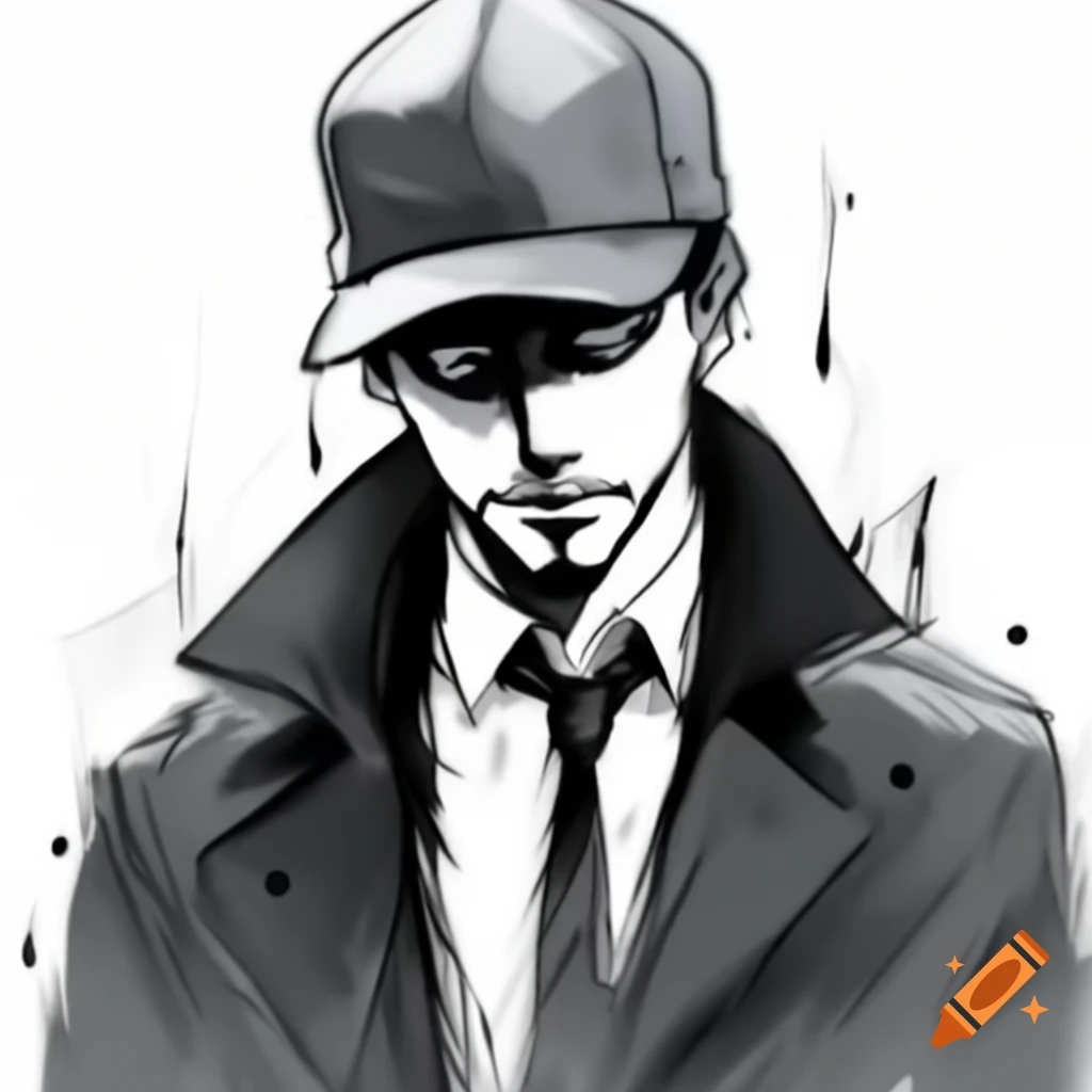 Mysterious man in trenchcoat and baseball cap on dark rainy road, anime style