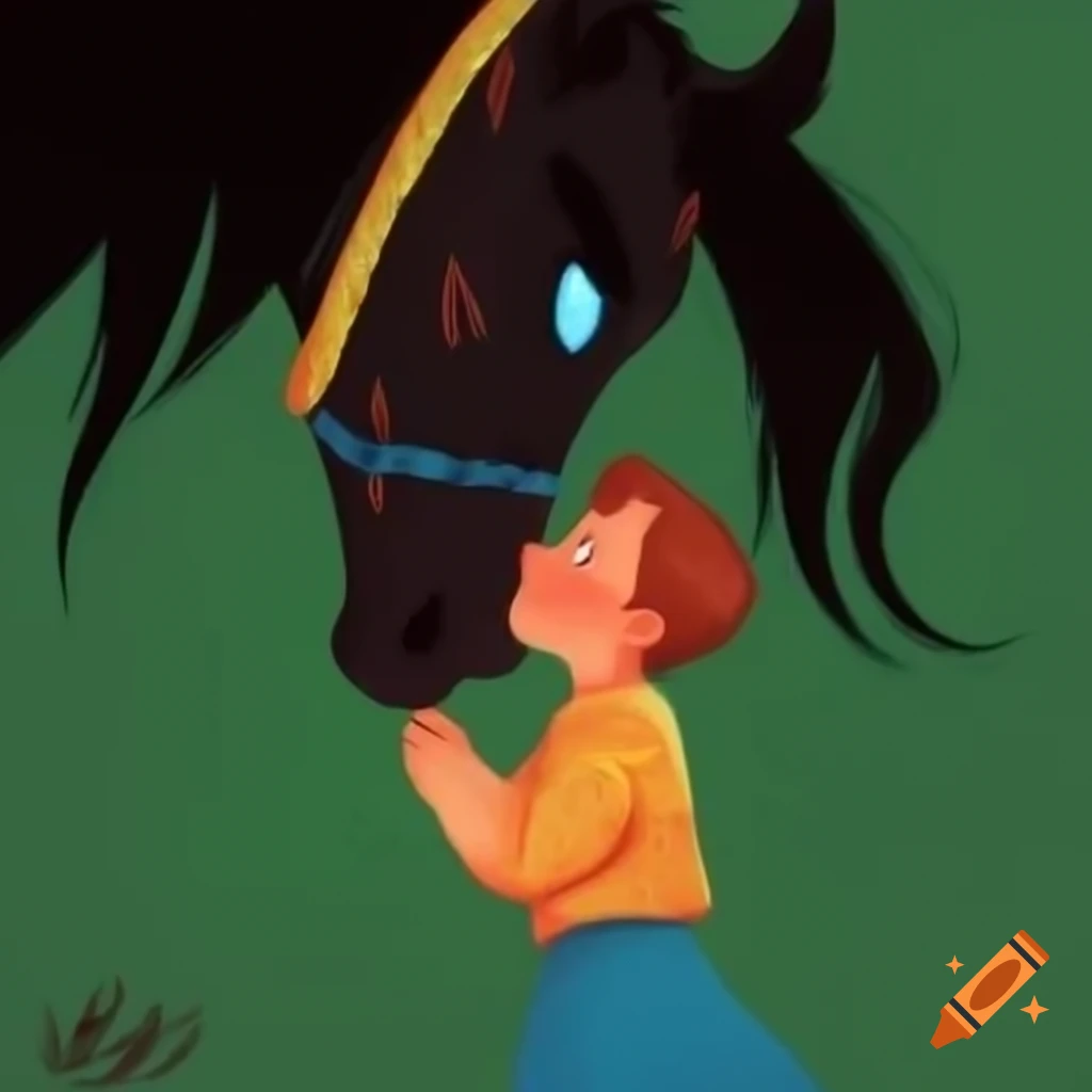 Child mesmerized by horse with colorful celestial eyes in 2D Disney style