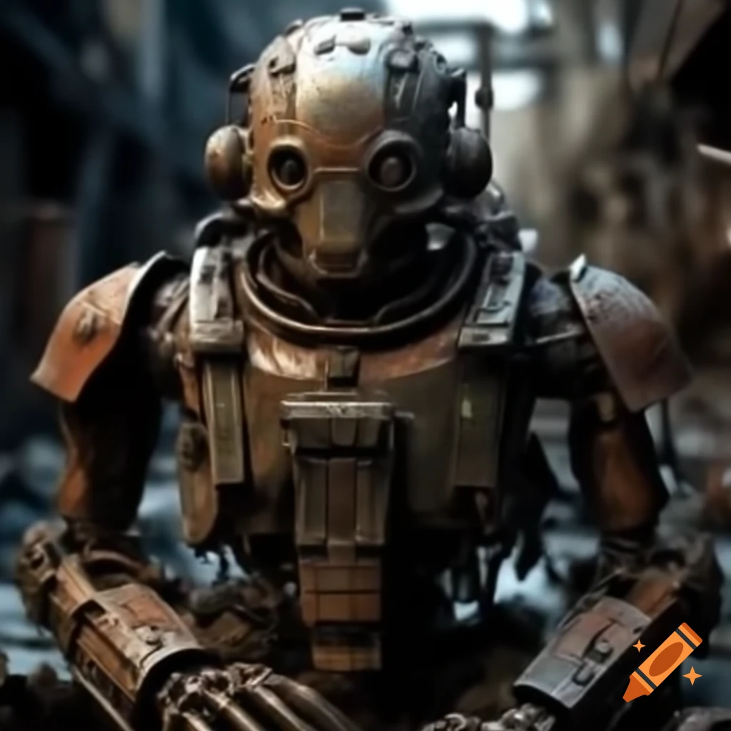 Abandoned steampunk enforcer robot rusting in junkyard