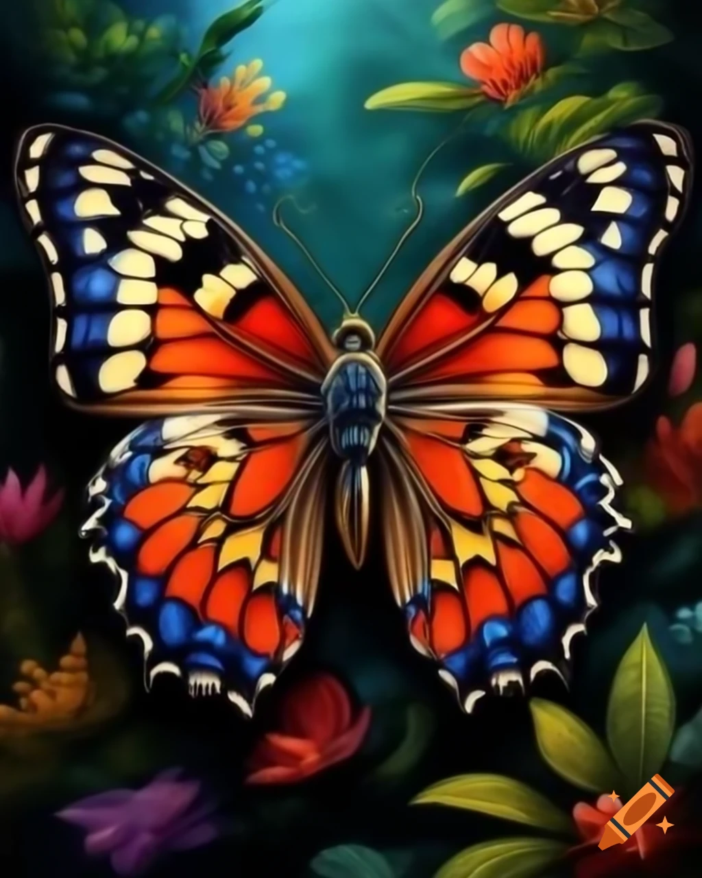 Realistic oil painting of a colorful butterfly in a jungle setting