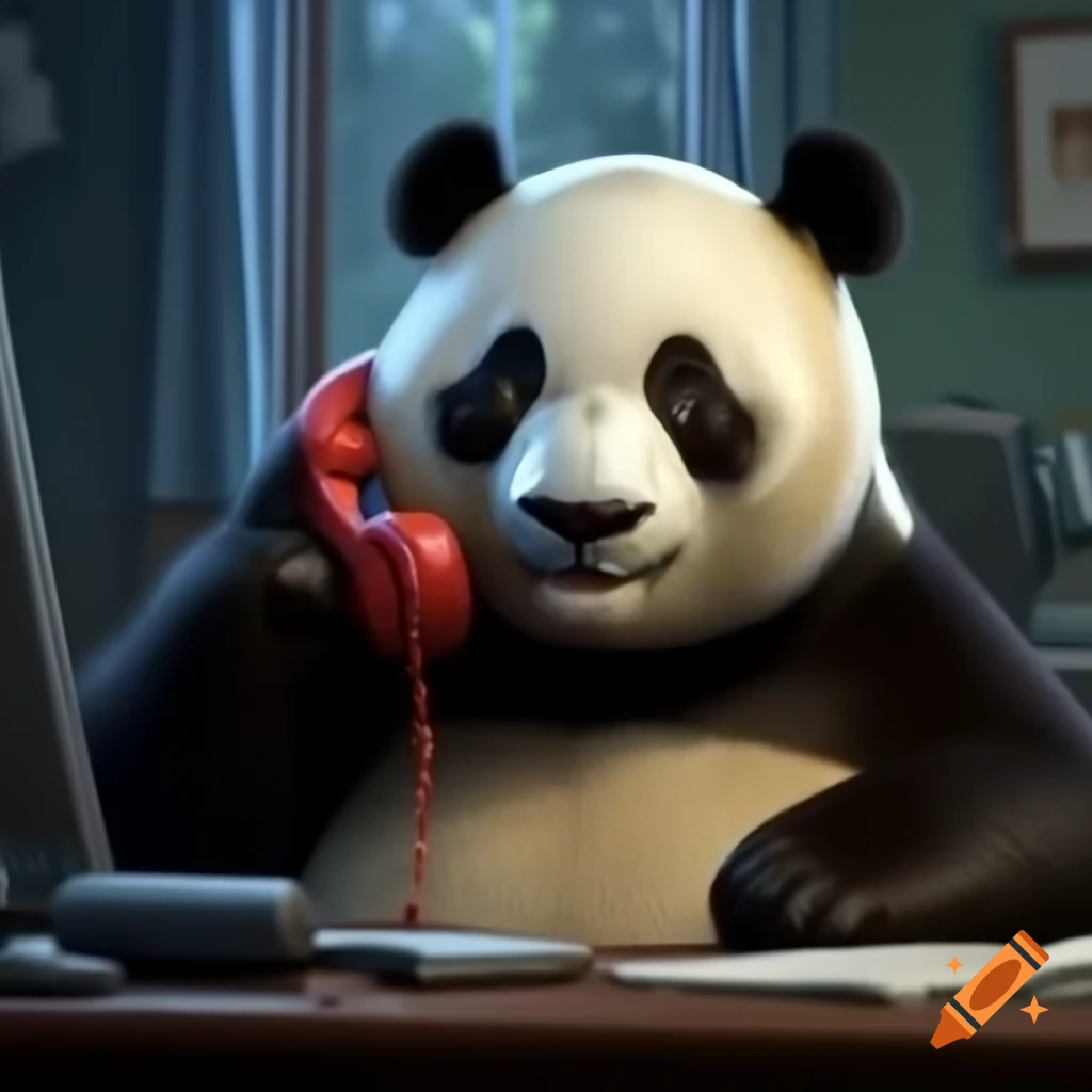 Happy panda answering phone call with red telephone in open space room