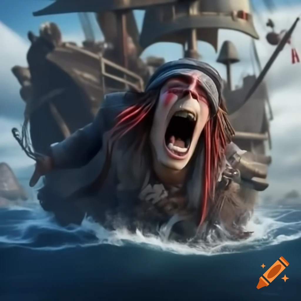 Pirate laughing on ship with tears and bloodshot eyes at sea
