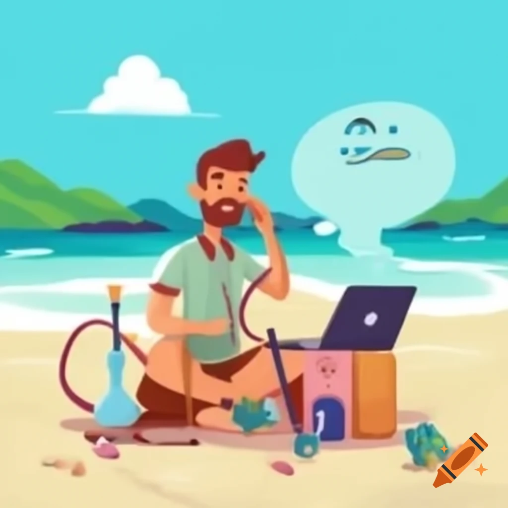 Person using laptop on beach or mountains with phone and hookah, surrounded by digital communication icons