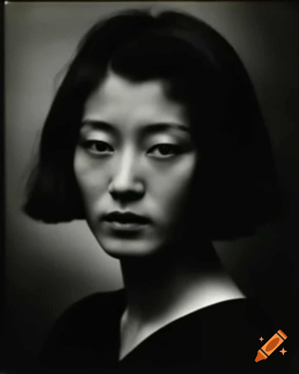 Award-winning vintage portrait of Japanese female art student with layered bob hairstyle