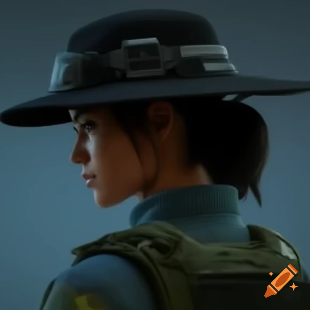 Woman in spec ops tech gear wearing a hat, facing left