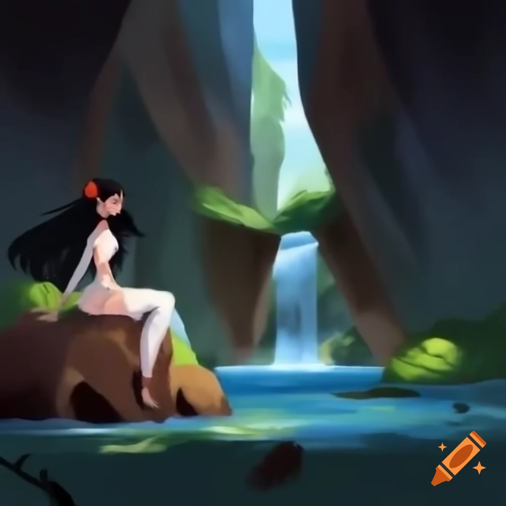 Woman with black hair and red eyes in canyon with waterfall and cat on rock