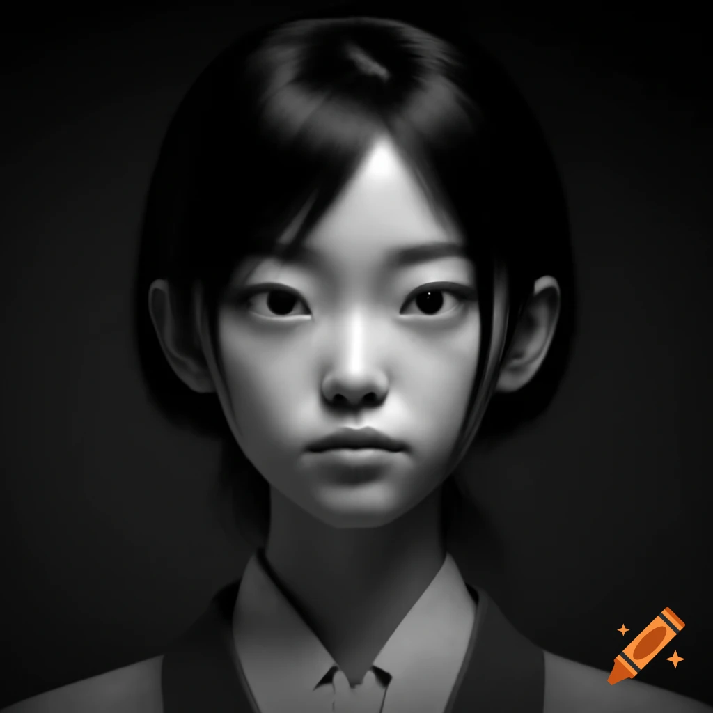 Young Japanese Female In Samurai Attire Photorealistic Greyscale 