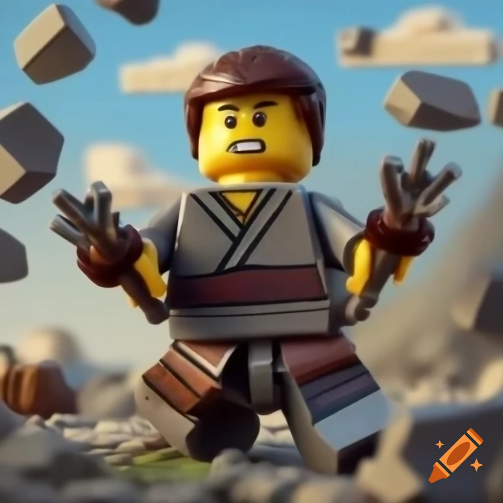 Lego ninja in gray and brown suit wielding rock powers