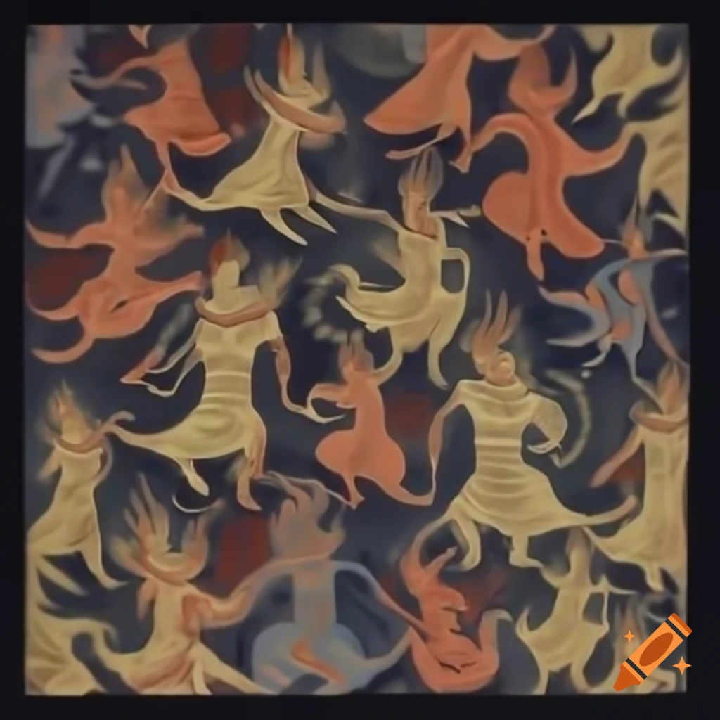 Orientalist Batik illustration of formally dressed demon dancing at royal celebration