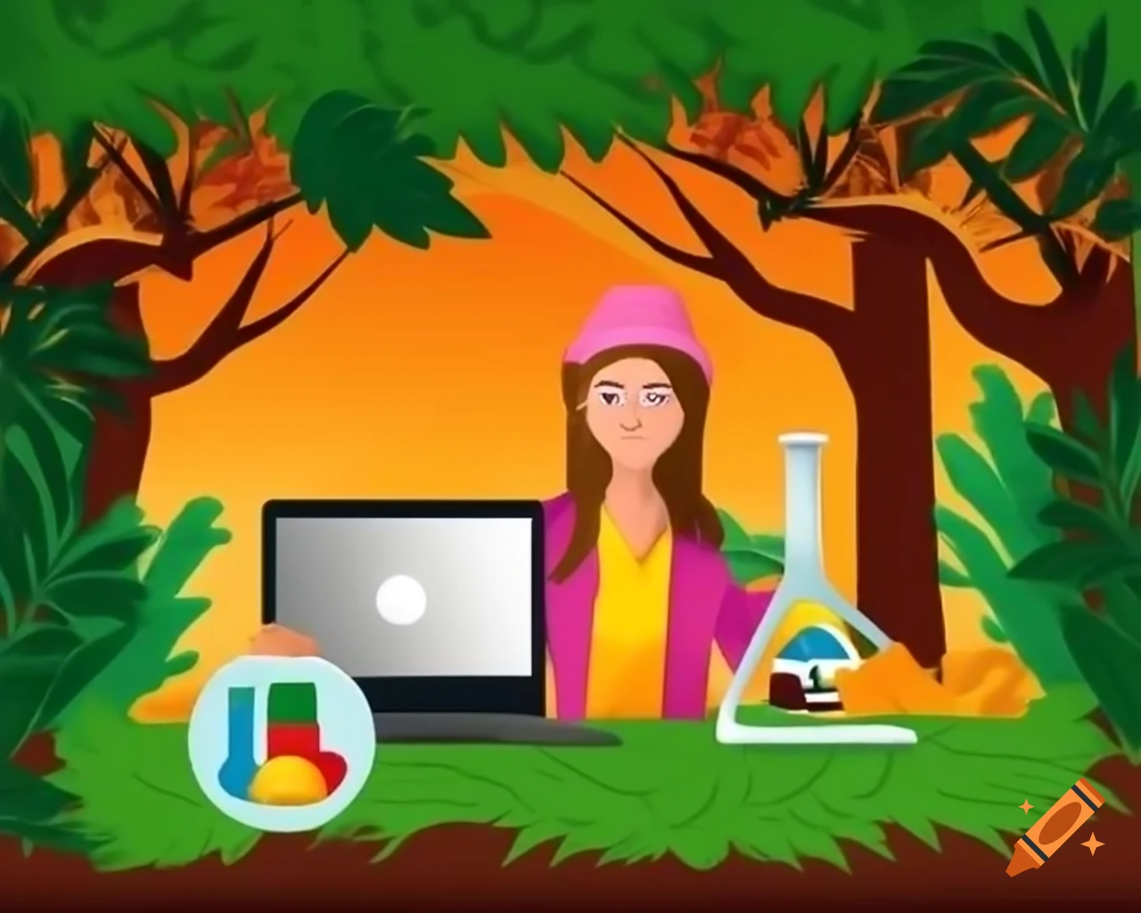 Girl in forest with scientific research tools and animal beside a large table