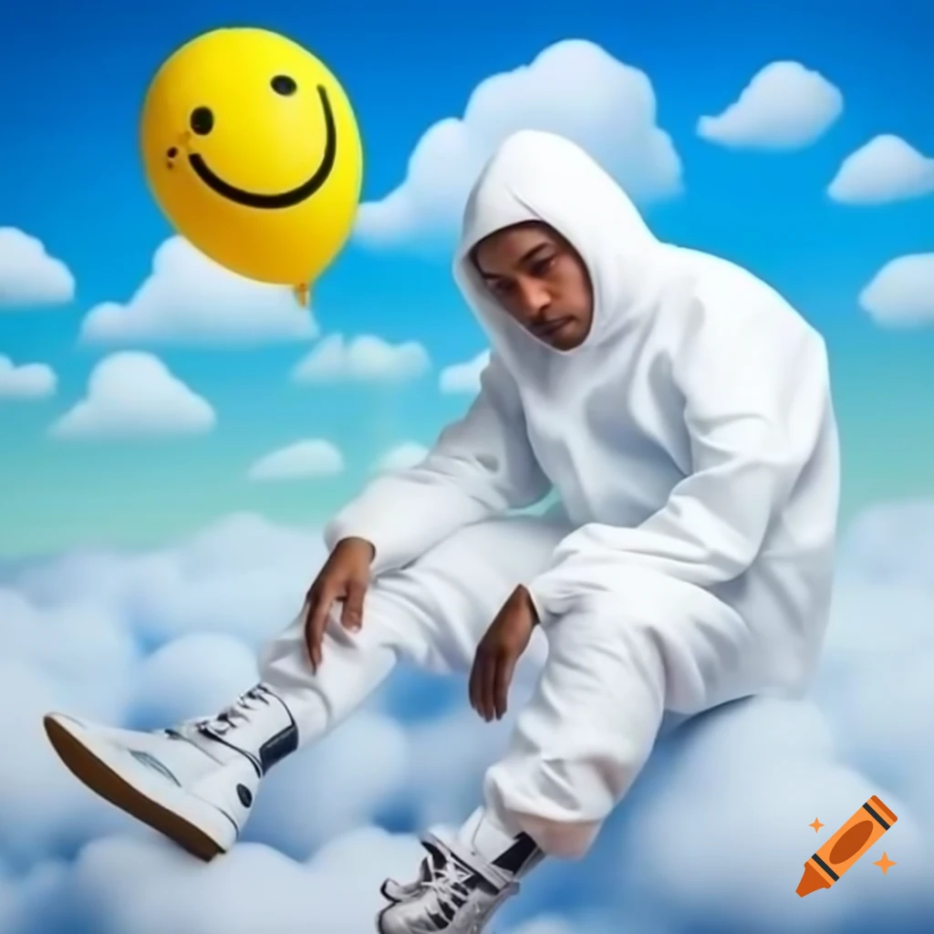 Rapper in hazmat suit sitting in clouds holding yellow balloon with smile