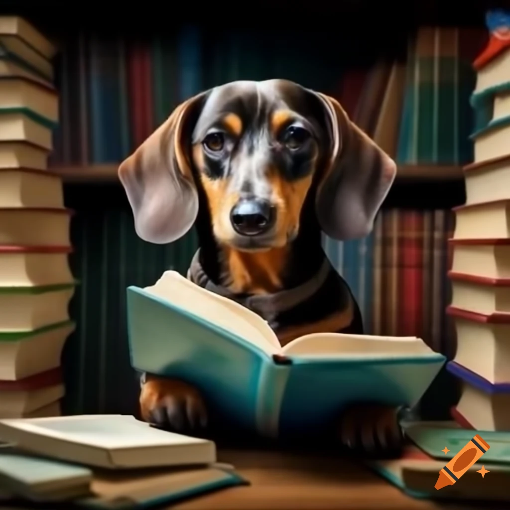 Dachshund dog reading medical books