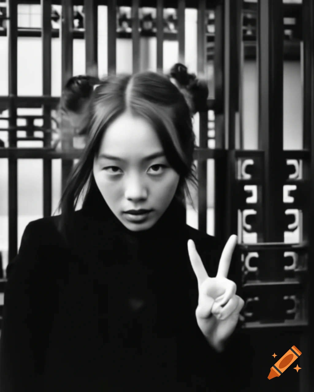 Vintage 1990 portrait of female art student with peace sign at school gates, showcasing Asuka Langley hairstyle