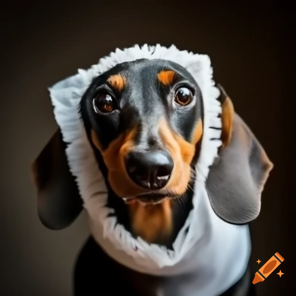 Dachshund dog wrapped in bandages