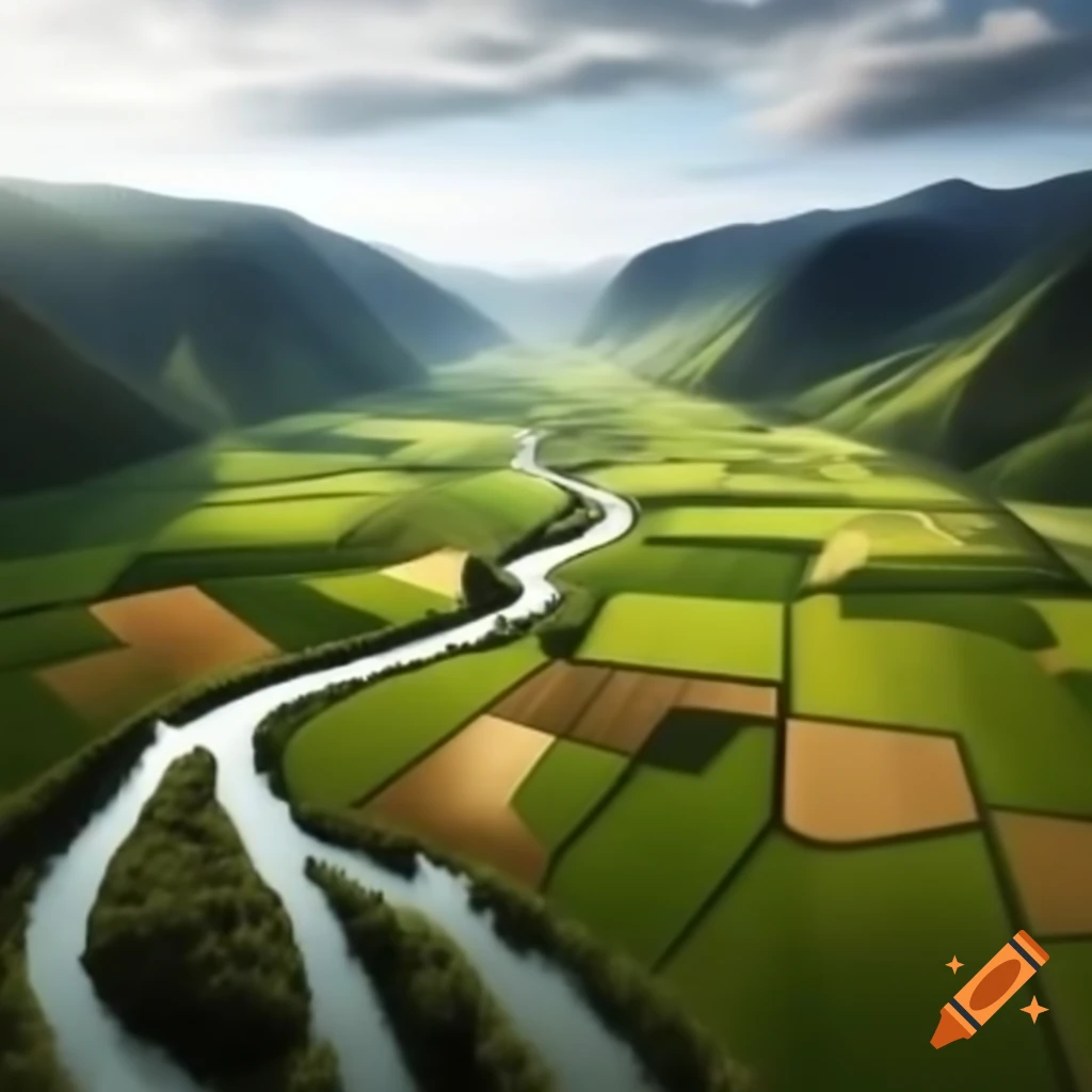 Aerial view of valley showcasing sustainable farming, river, and farm