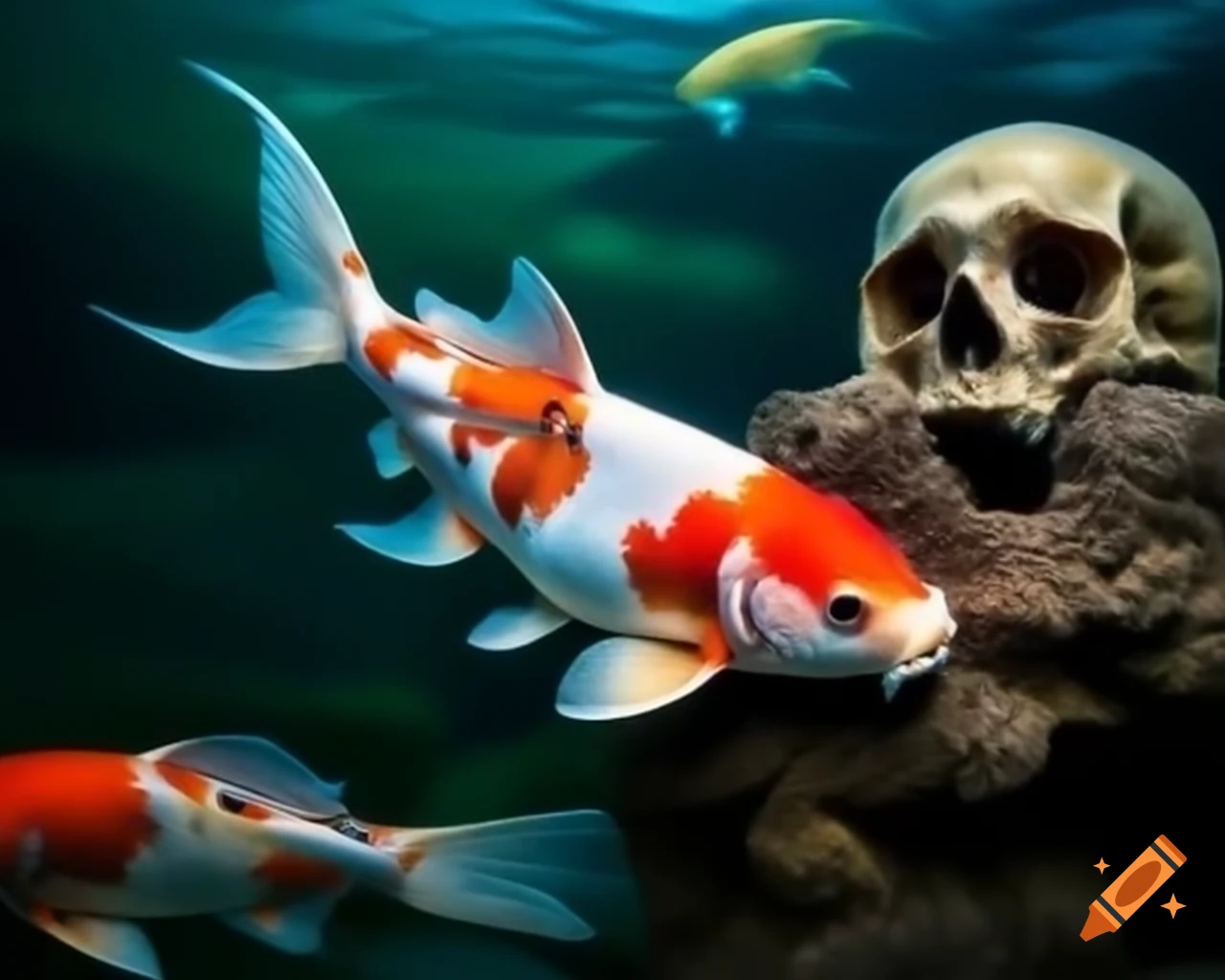 Koi fish swimming among large skulls in hyper-realistic photography