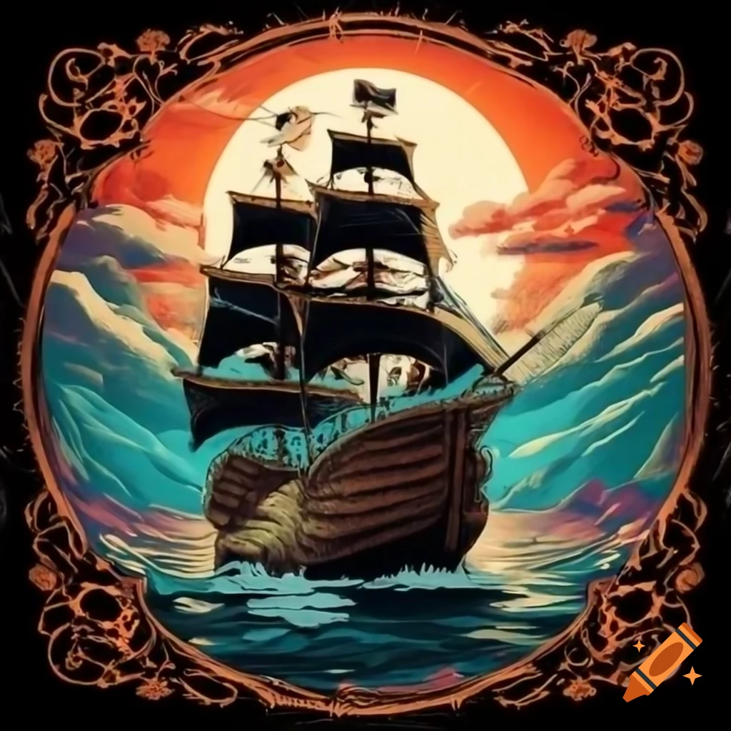 Surreal pirate galleon sailing into sunrise on vibrant sea, poster art