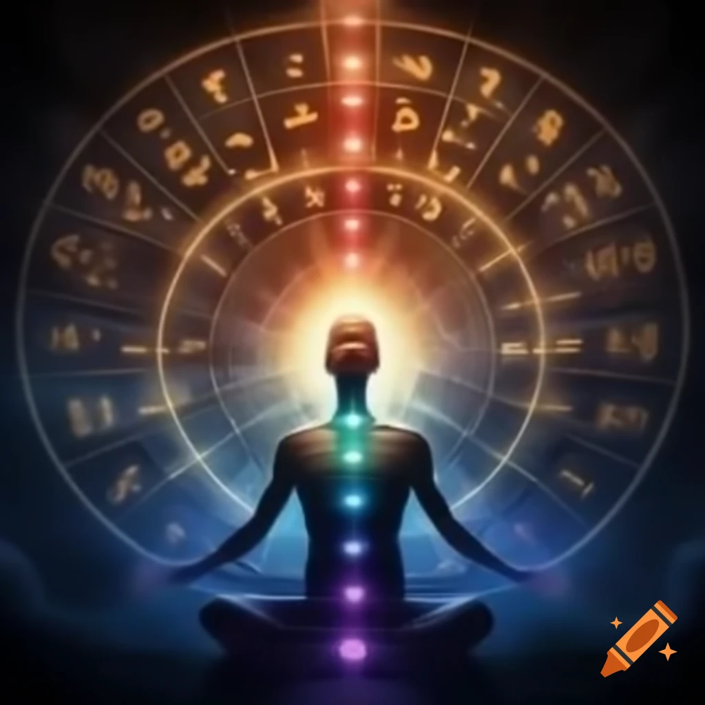 Vibrant numerology depiction with intertwined numbers and symbols around a person's silhouette