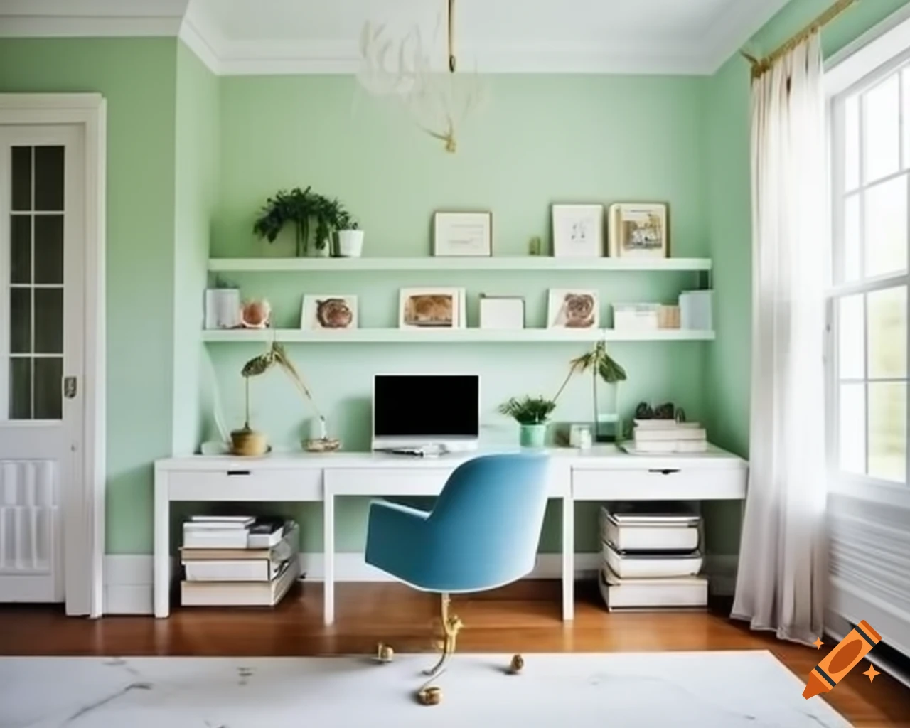 Pastel-toned home office with mint green walls and light wood furniture