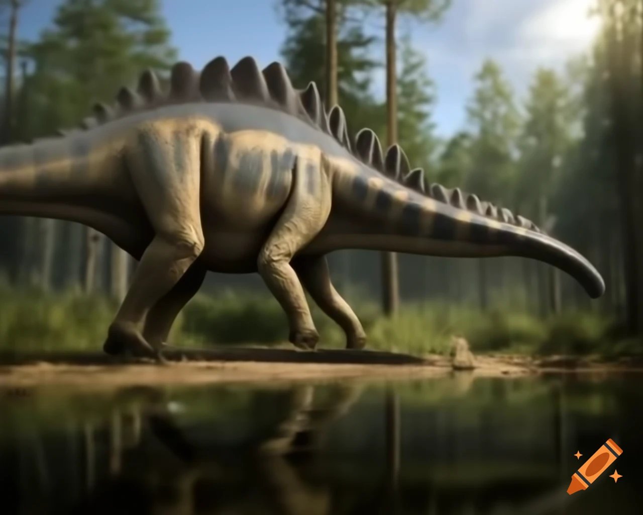 Hadrosaurus dinosaurs walking along sunny shore of forest pond with gloomy bushland