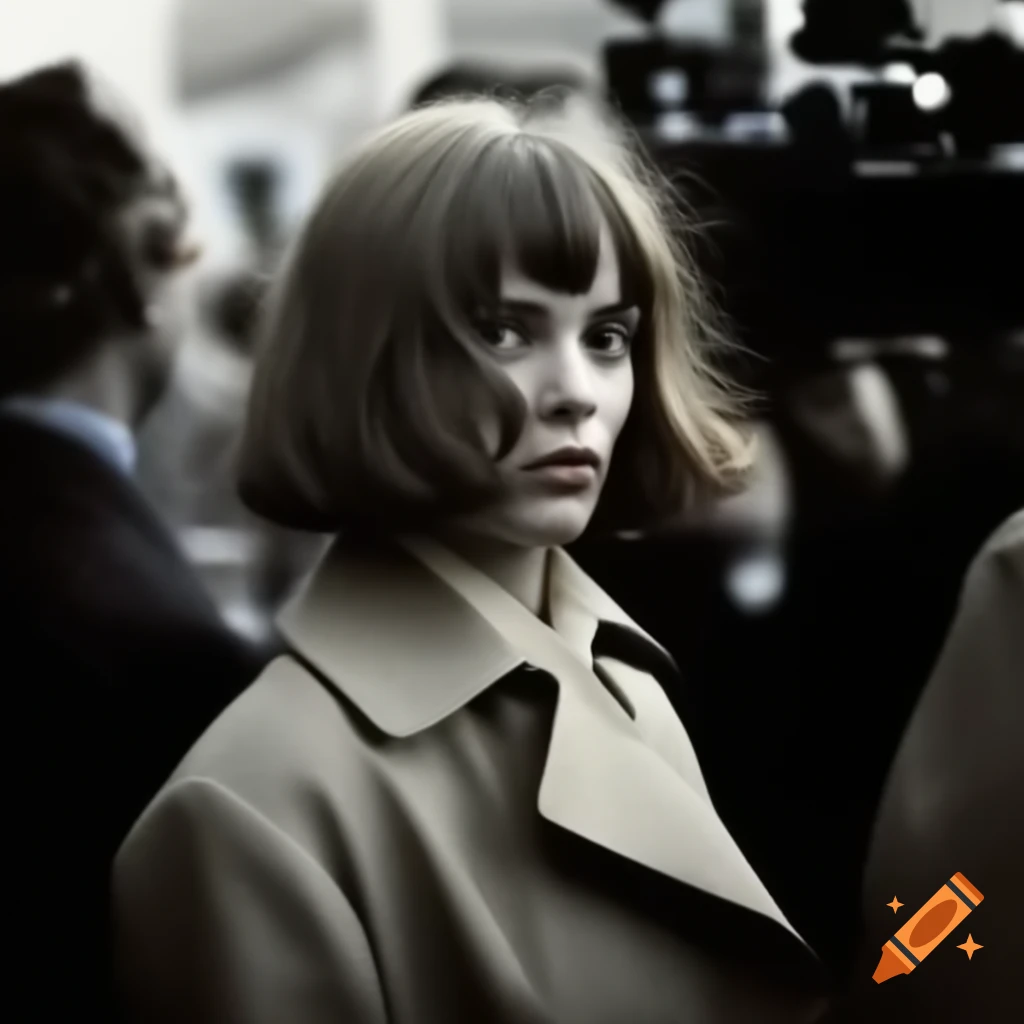 Vintage paparazzi photo of female time traveler in trenchcoat with layered bob hairstyle