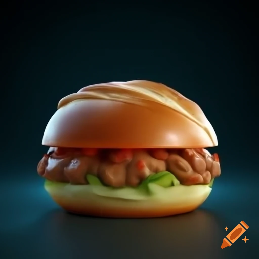 Digital art of meat and vegetable bun in sci-fi themed fast-food setting
