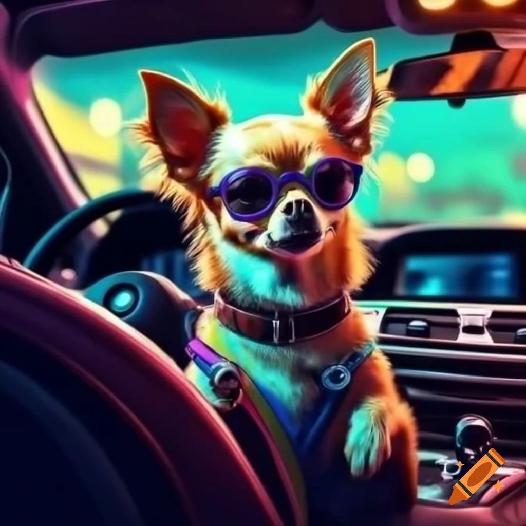 Psychedelic chihuahua driving a BMW