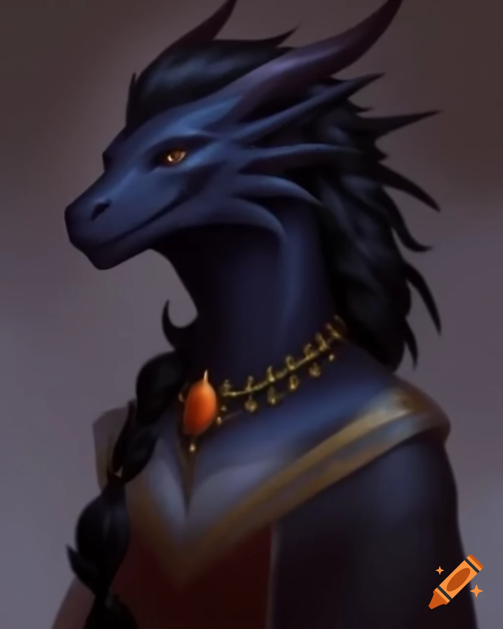 Anthropomorphic black dragoness in royal gray dress with onyx-jeweled necklace