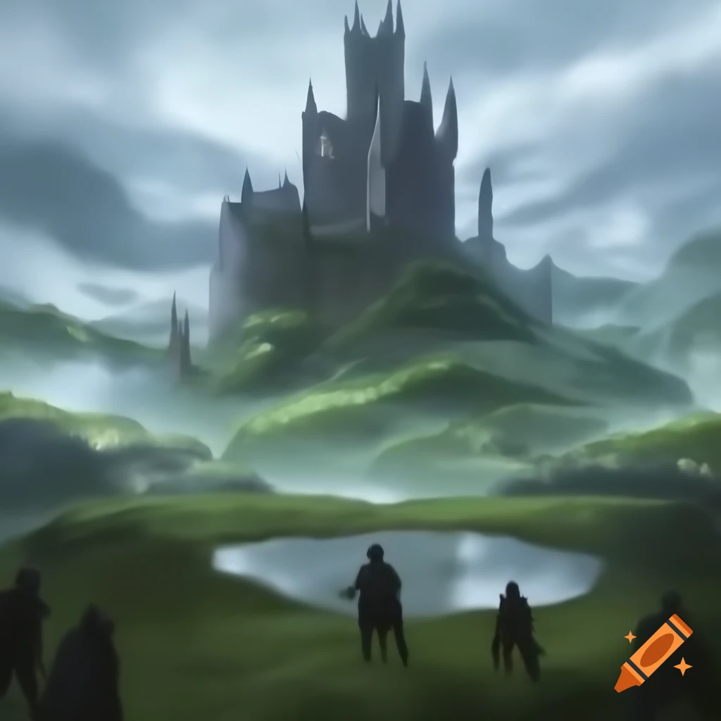 Castle on hill overlooking swamp during hillstorm with dark figures approaching