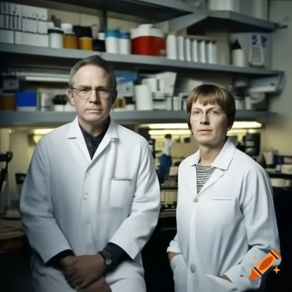 Middle-aged couple in white lab coats working in laboratory