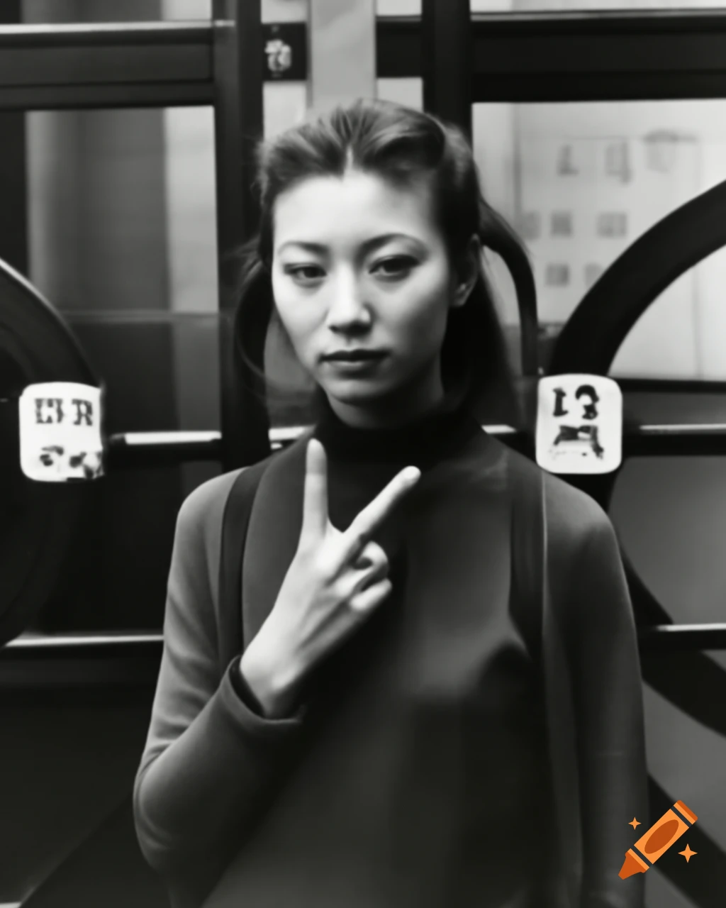 Vintage portrait of Asuka Langley making peace sign at school gates