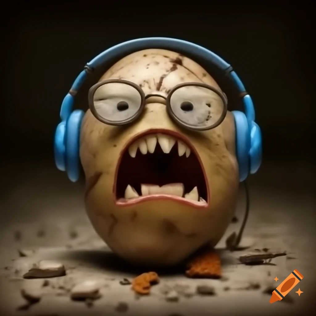 Angry potato with rotten teeth and wire-framed spectacles