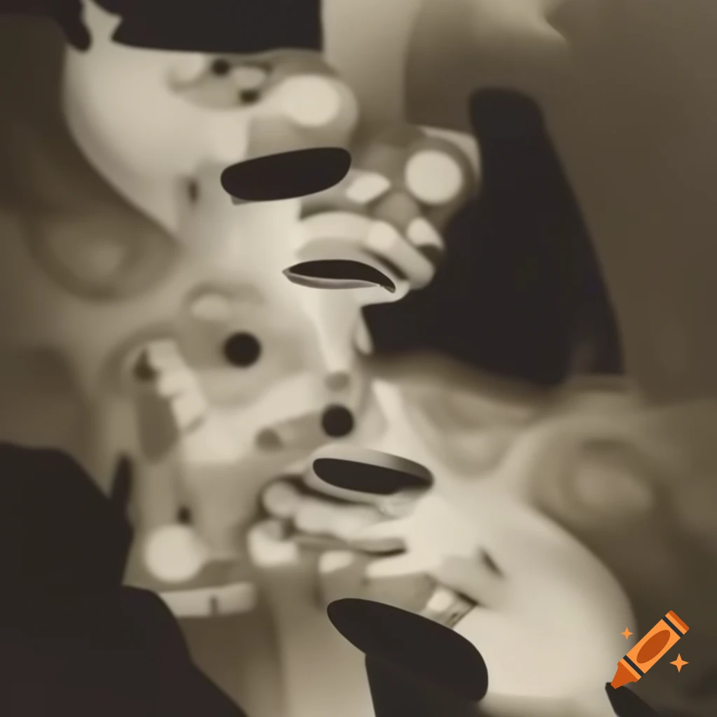 Surrealist artwork in black, white, grey, and sepia tones