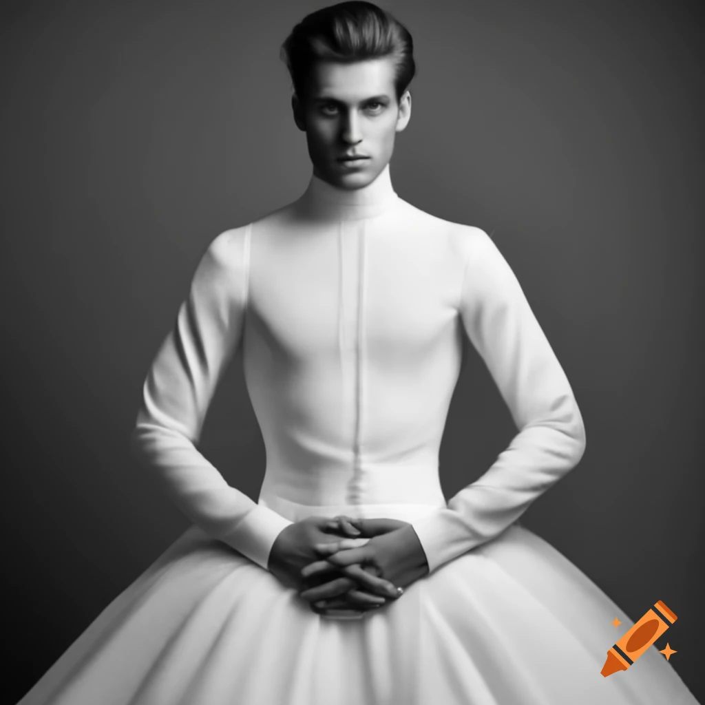 Handsome young man in full-length wedding dress with long sleeves and high collar