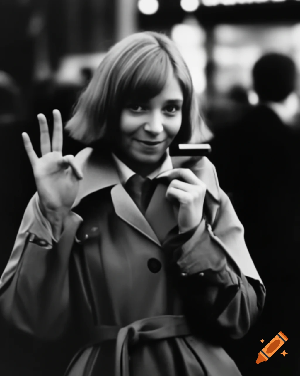 Award-winning vintage photo of Miku Hatsune actress with retro hairstyle doing peace sign
