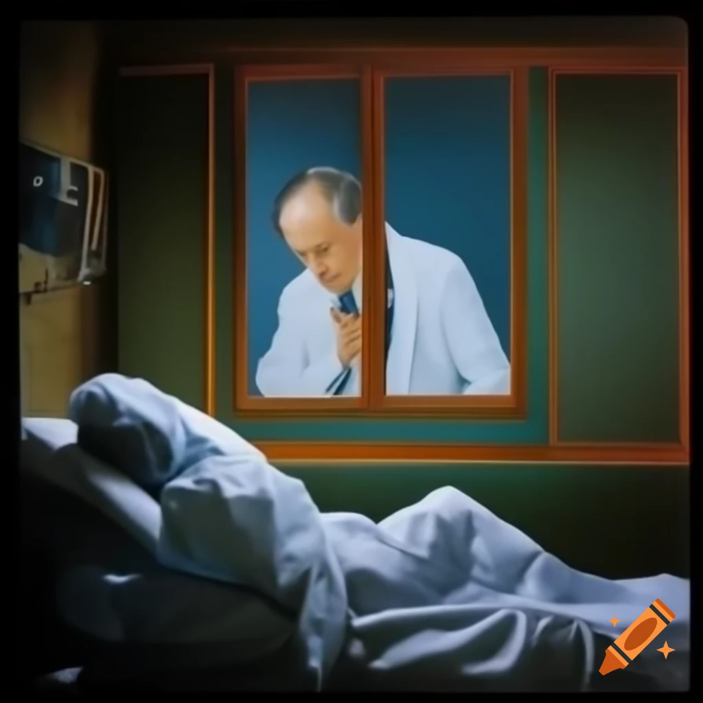 Photorealistic doctor looking through window at patient in bed in pain
