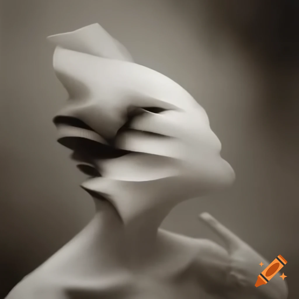 Surrealist composition in shades of white, black, grey, and sepia