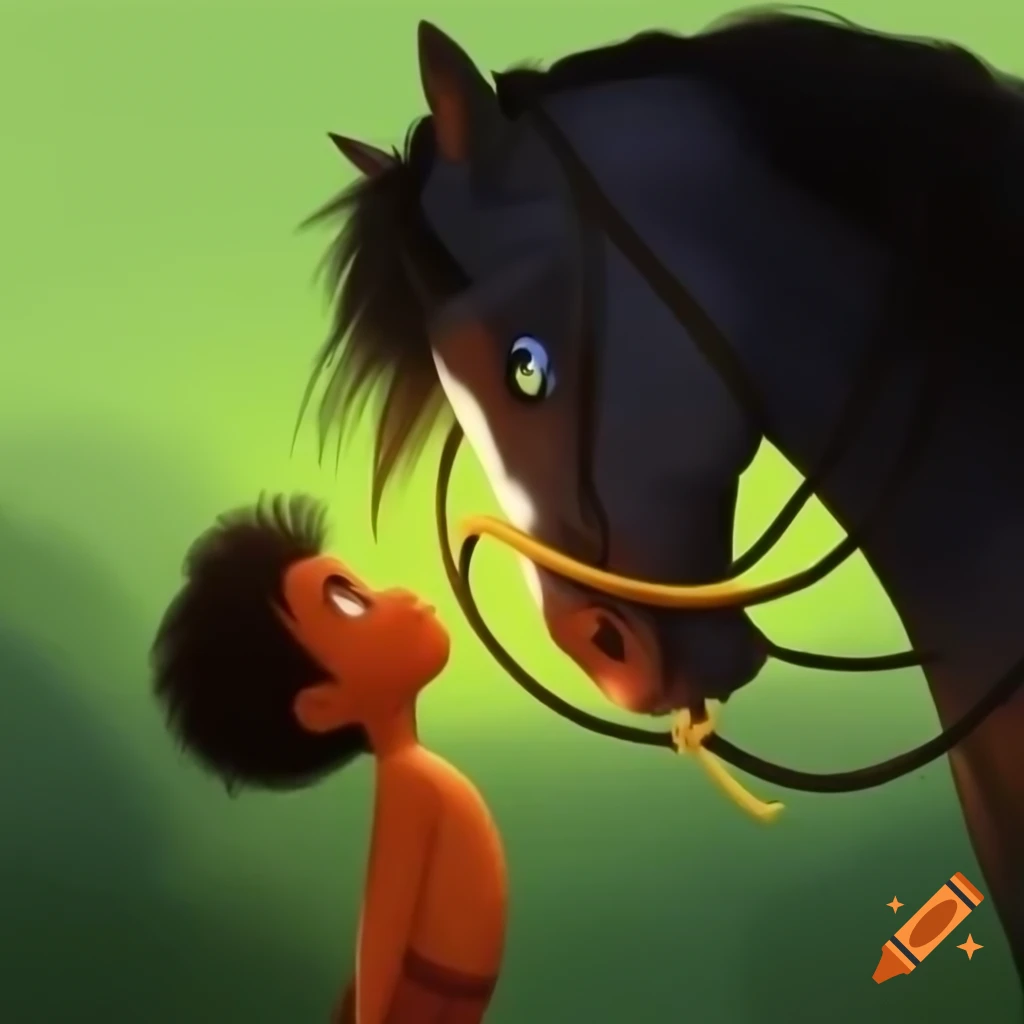 Child hypnotized by horse with celestial eyes in Disney 2D style