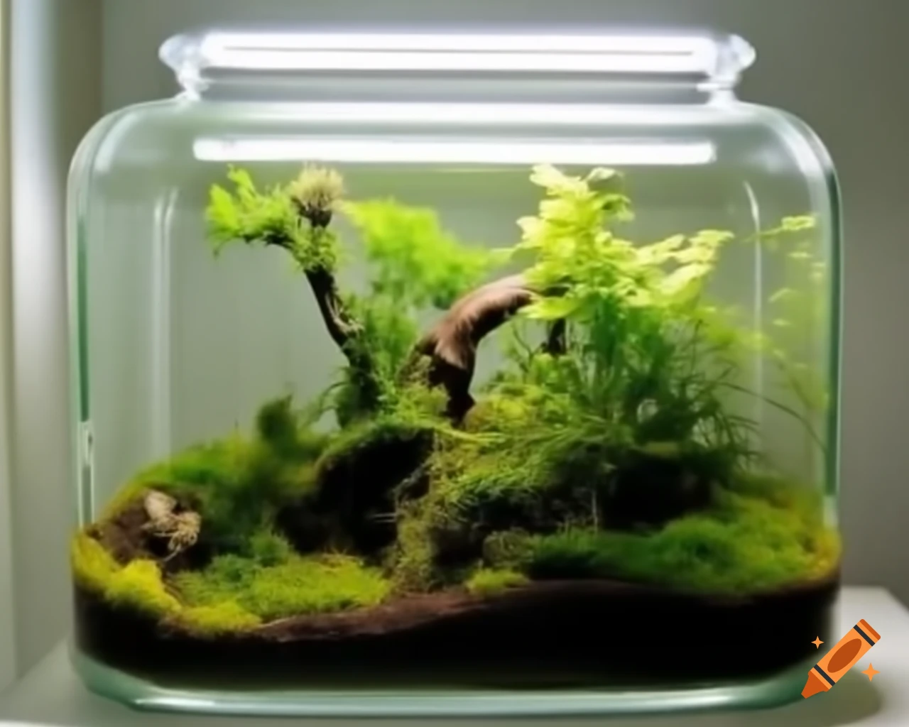 Miniature lake in a terrarium ecosystem with lush vegetation