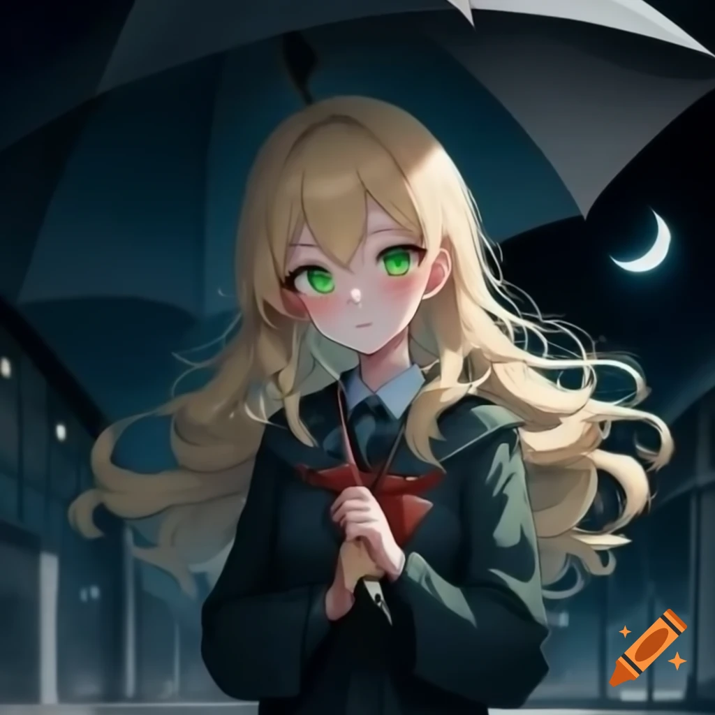 Female college student with blonde wavy hair and green eyes holding an umbrella at night in Scum's Wish anime art style