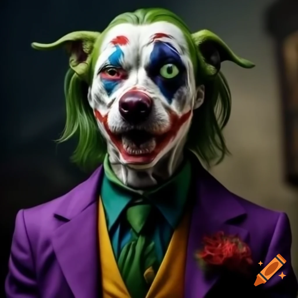 Realistic depiction of a dog styled as the character Joker